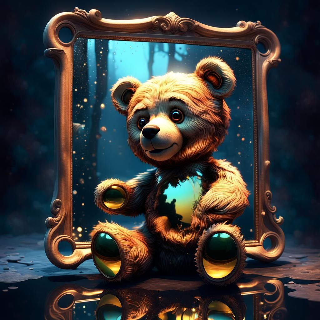 Capture the distorted and eerie reflections of a quirky and whimsical, twisted, eerie teddy bear looking into a dark mir...