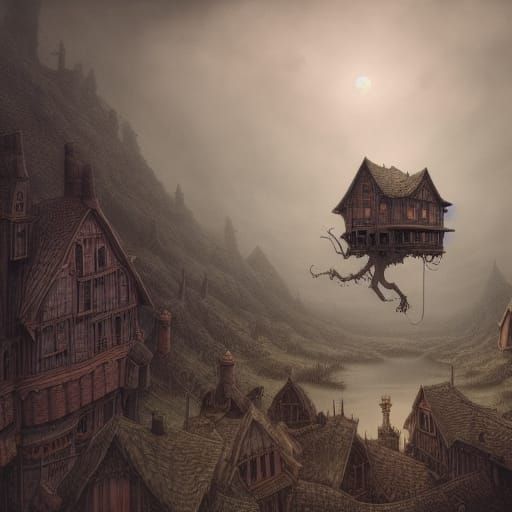 Fantastical House on Rolling Hills, Detailed Matte Painting