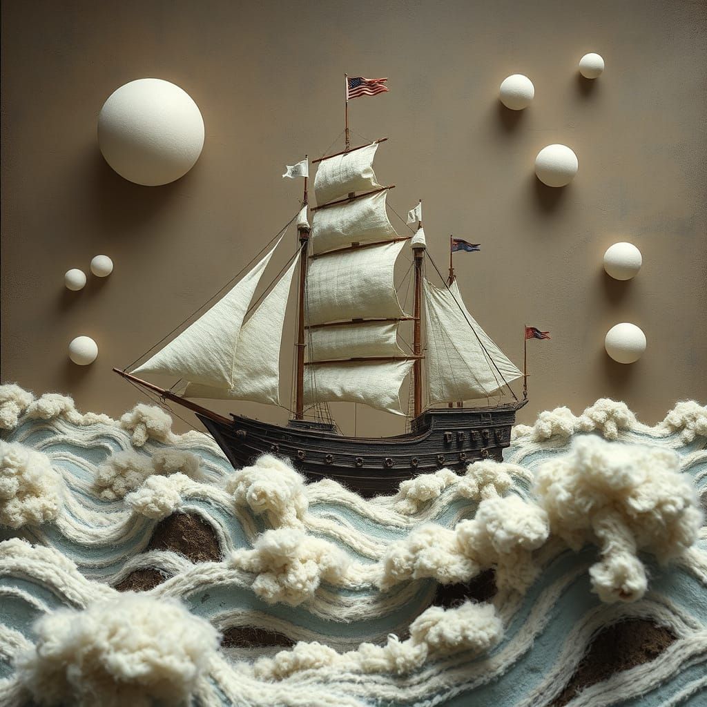 Surrealist Woolly Sailing Ship Collage