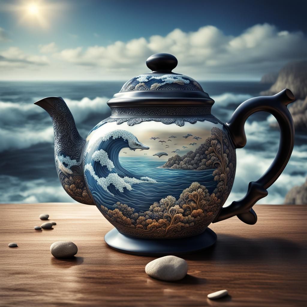 Ocean Scene on Teapot in Hyperrealistic Style