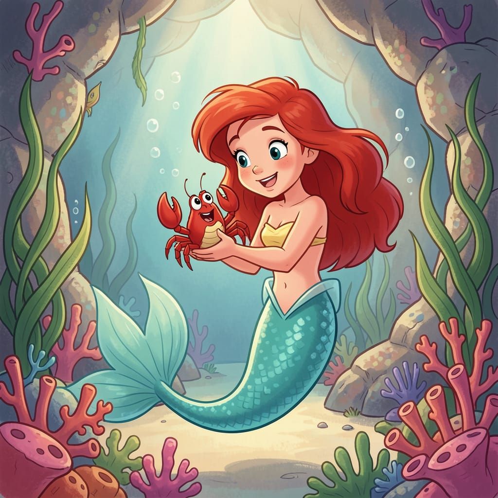 Young Mermaid Ariel With Sebastian in Underwater Grotto
