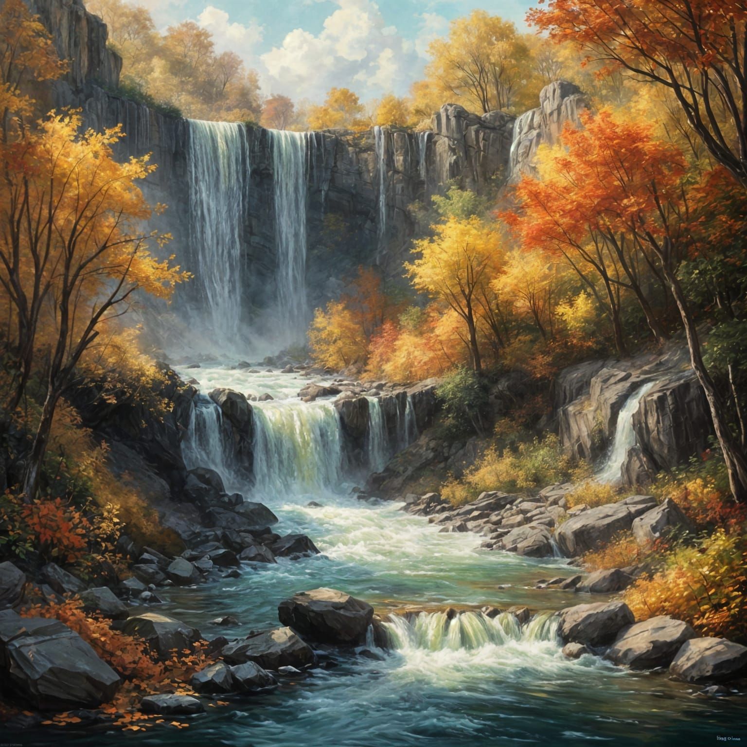 Impressionist Autumn Waterfall Serene Scene