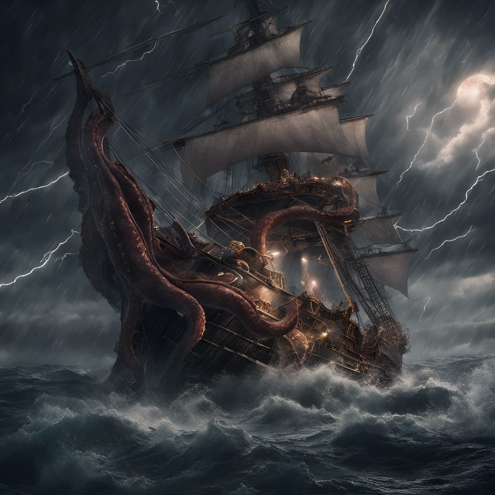 Giant Octopus Attacks Sailing Ship in Stormy Night