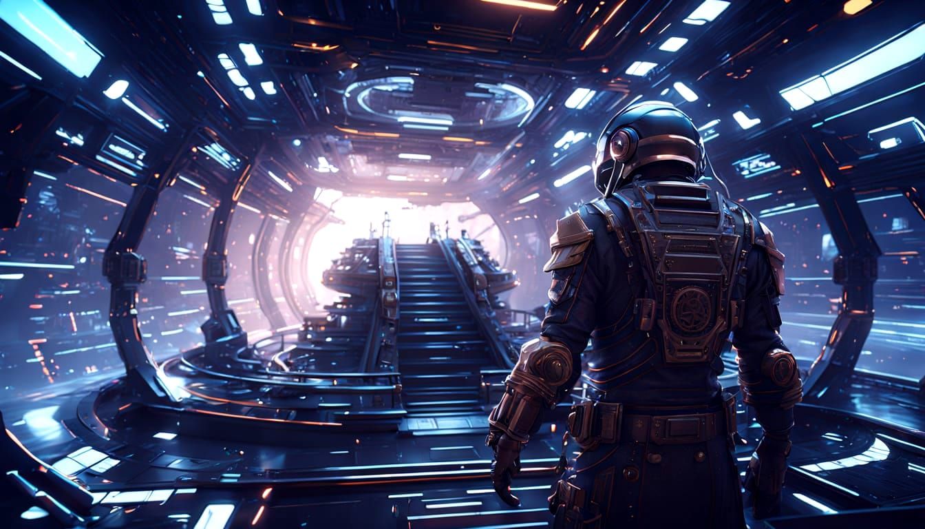 Space Pirate Gazes at Nebula in Cyberpunk Style