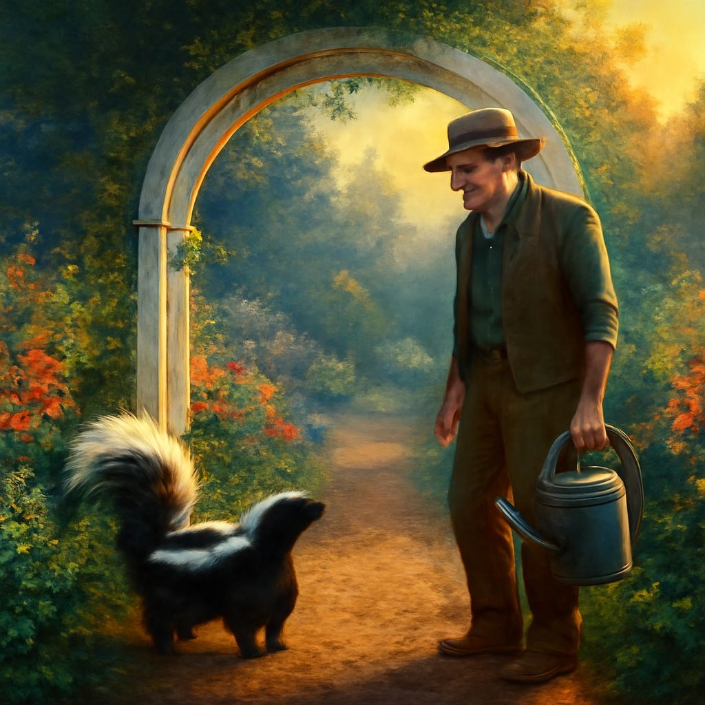 Man and Skunk Encounter in a Fantastical Garden