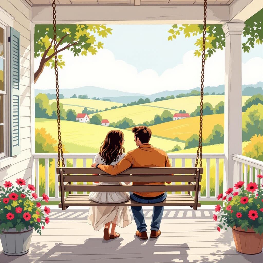 Couple on Porch Swing in Storybook Style