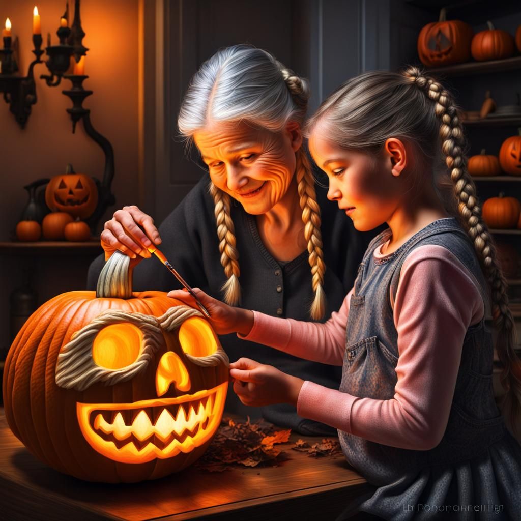 Girl Carving Skull Pumpkin, Hyperrealistic Style