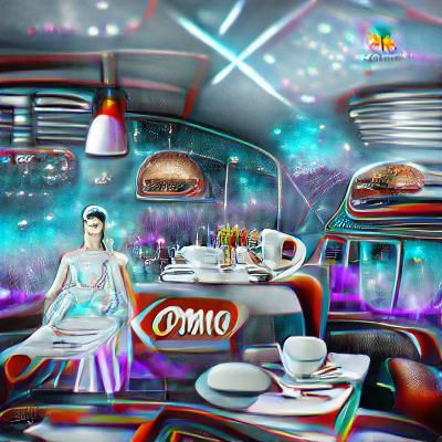 Cosmic Future: 1950s Diner with Robots in Mixed Media