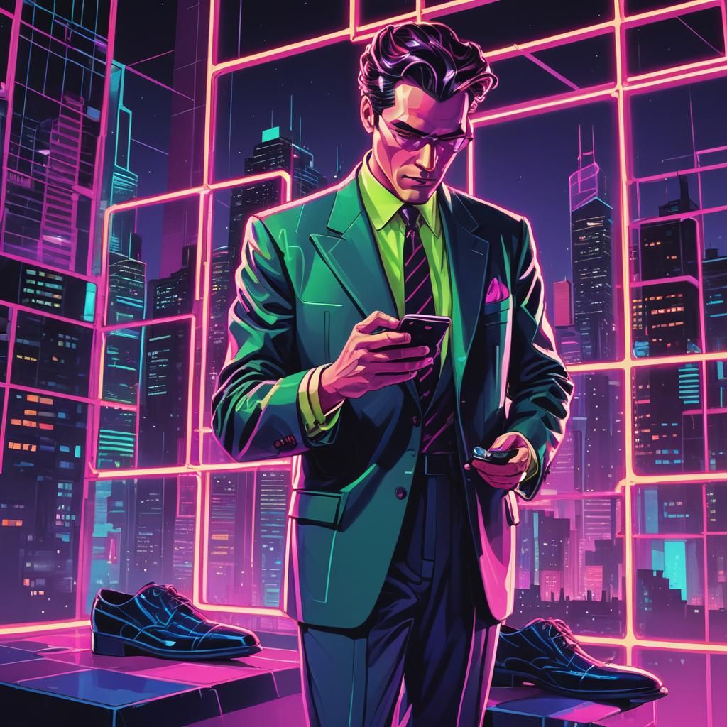Retro King with Neon Cell Phone in Vaporwave Style