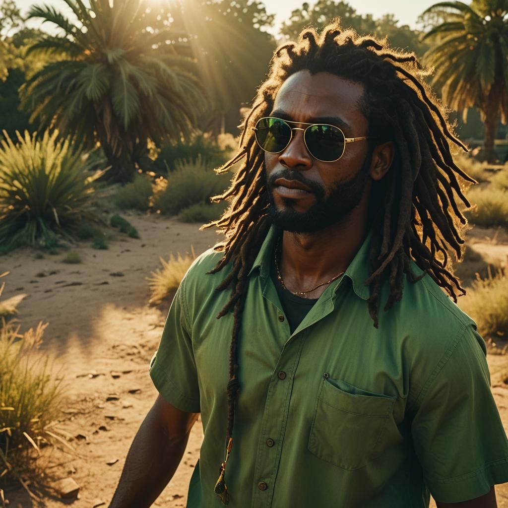 Smiling Black Man with Dreadlocks in Savannah Sunset