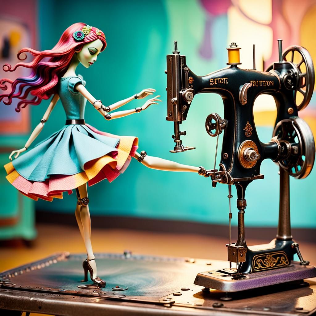 Surreal Sewing Machine Dance in Burtonesque Style