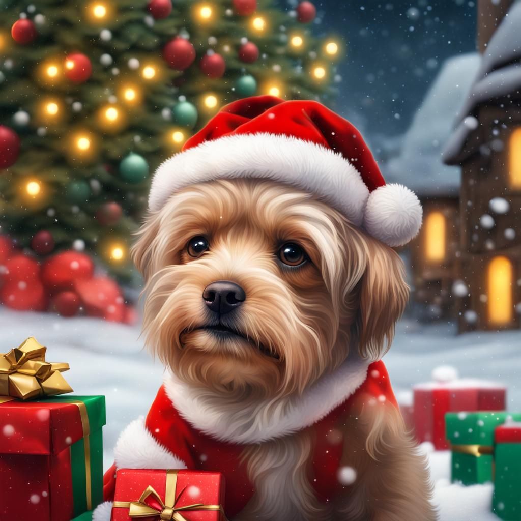 Festive Dog in Christmas Costume: Oil Painting