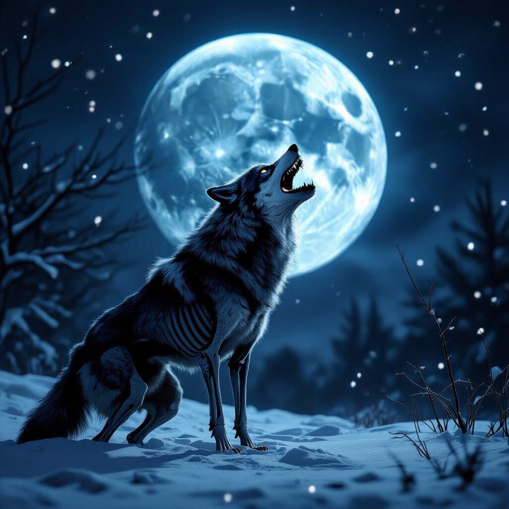 Fiery Blue Moon Over Snowy Night with Wolf-Skeleton Howling
