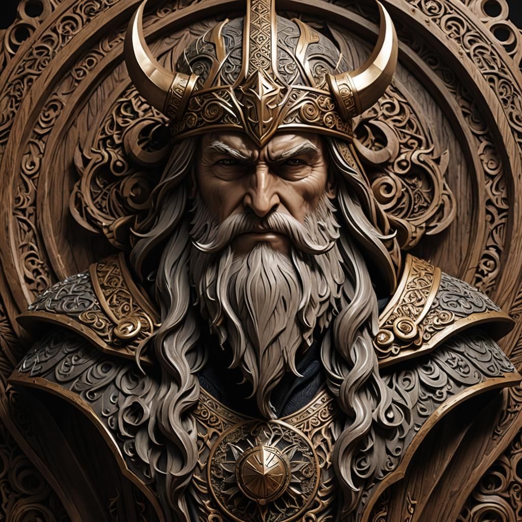 Detailed 3D Anime Wood Carving of Odin