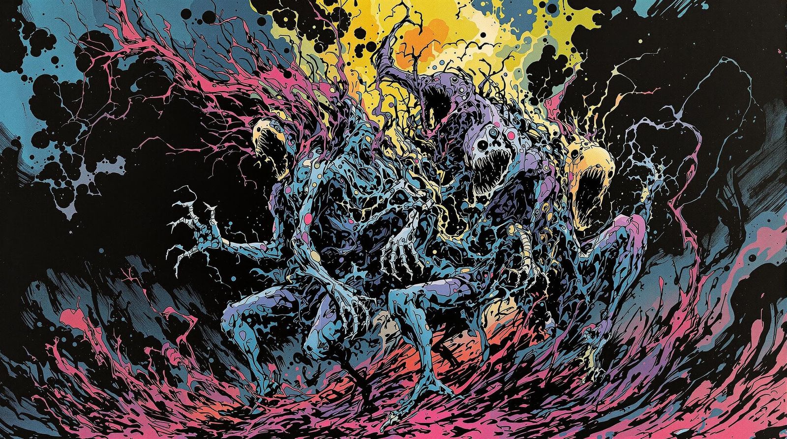 Grotesque, Twisted Creatures in Vibrant Alcohol Ink Style