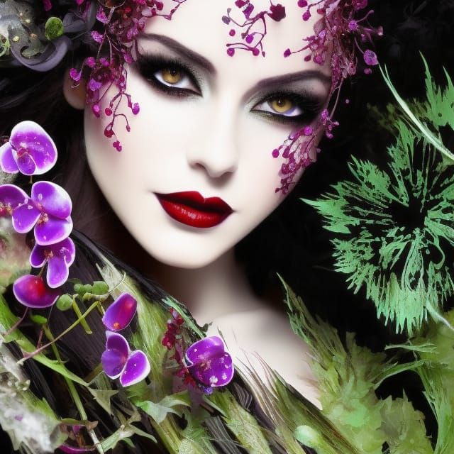 Gothic Girl Portrait with Black Plants in Watercolor Style