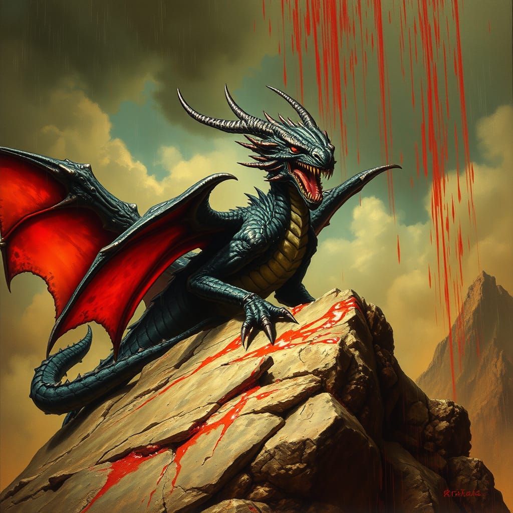 Majestic Dragon in Blood Rain: Dark Fantasy Art