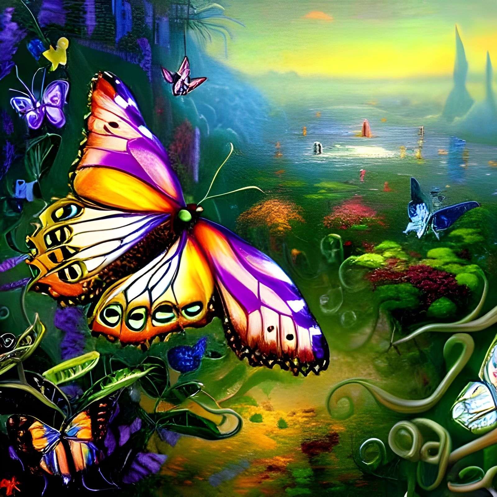 Surreal Butterfly Jungle Vine: Ethereal Oil Painting