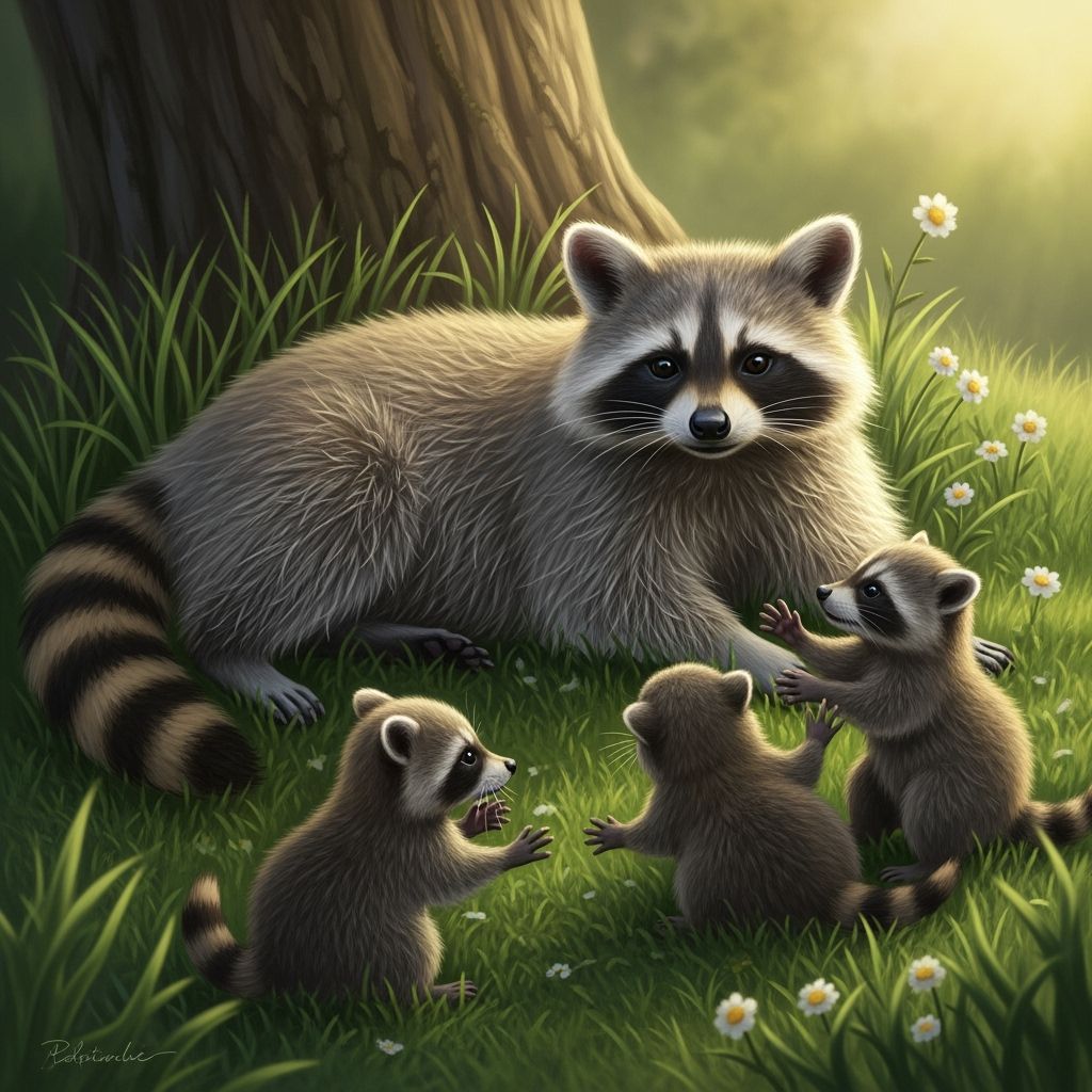 Raccoon Family in Evening Sunlight, Photorealistic Style