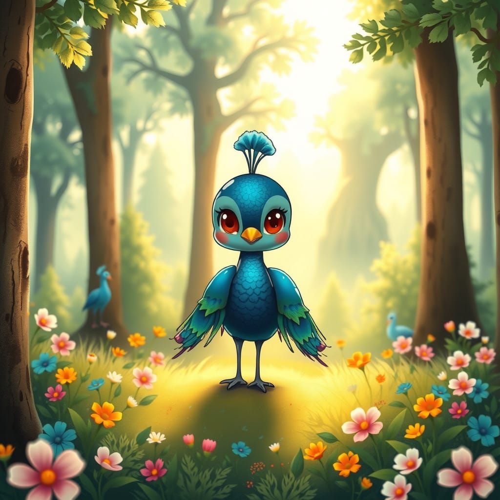 Vibrant Chibi Peacock in Whimsical Forest Landscape