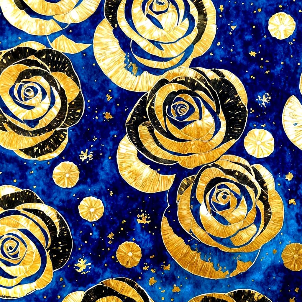 Royal Blue and Gold Foil Roses in a Snowy Sunset Landscape