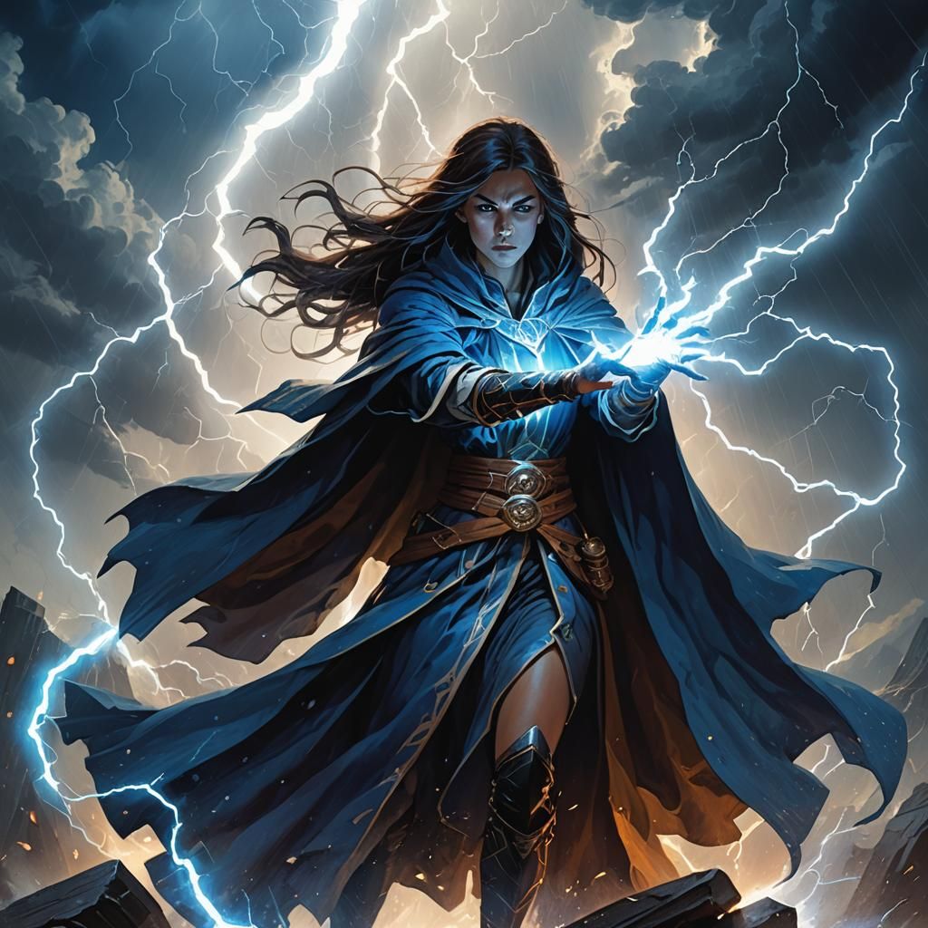 Sorceress Unleashes Blue Lightning in Epic Fantasy Storm