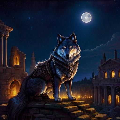 Steampunk Wolf Under Starry Roman Sky