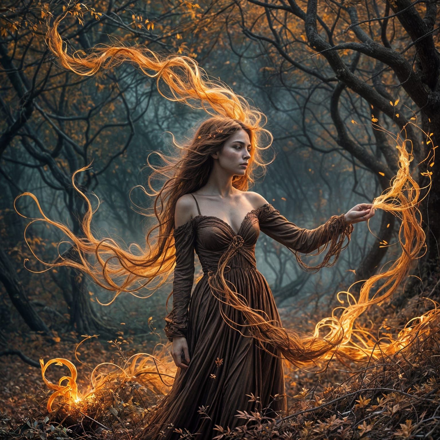 Dreamlike Autumn Figure with Flowing Embers