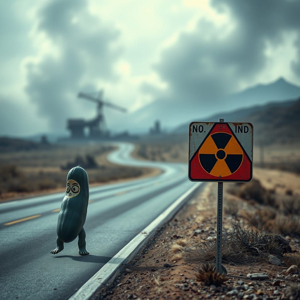 Hyperrealistic Desert Scene with a Giant Cucumber Walking Am...