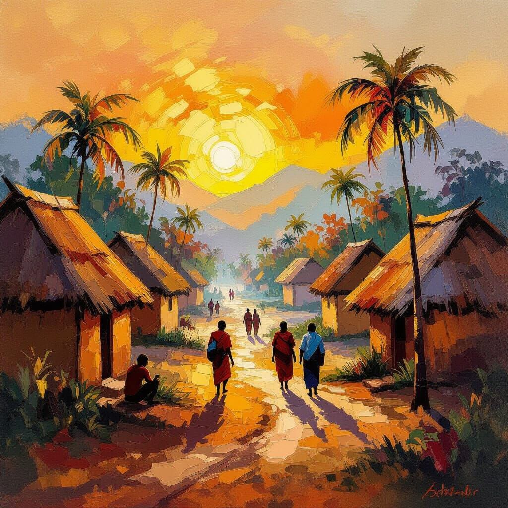 Tribal Village Sunrise in Impressionistic Oil Painting Style