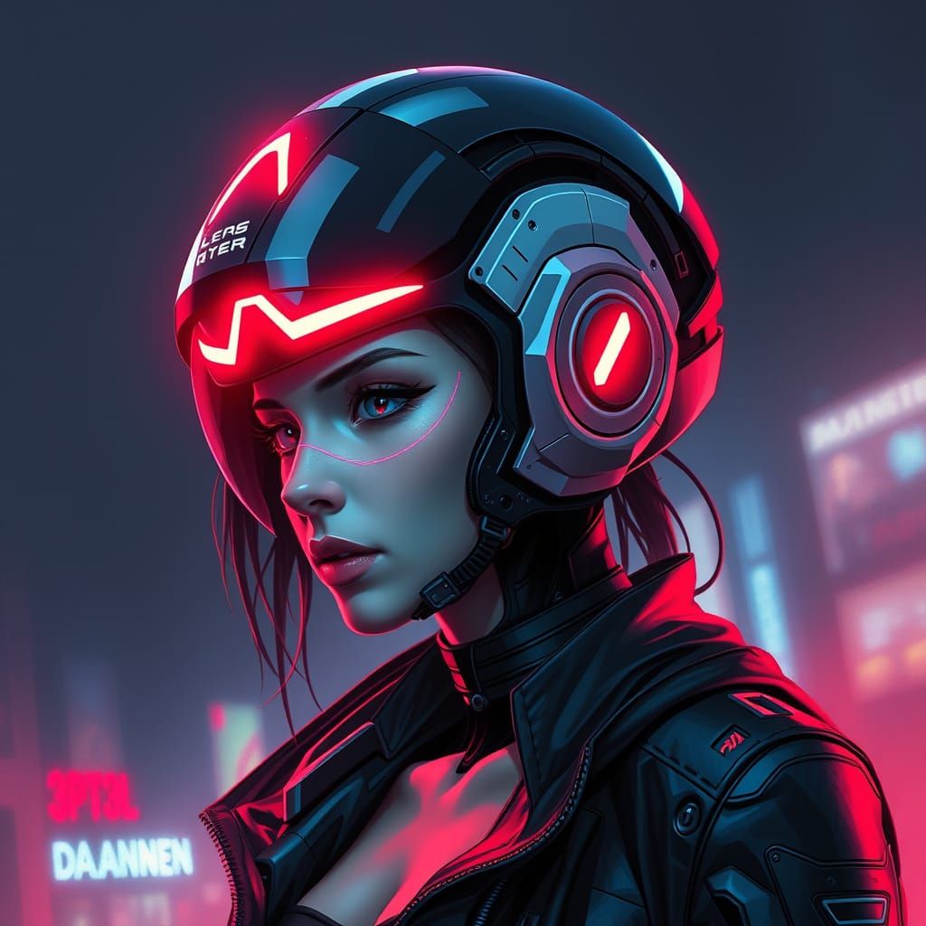 Futuristic Cyborg Girl with Red LED Halo Helmet