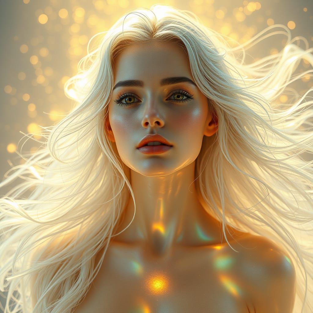 Glowing Woman in Ethereal Aura, Radiating Soft Golden Light