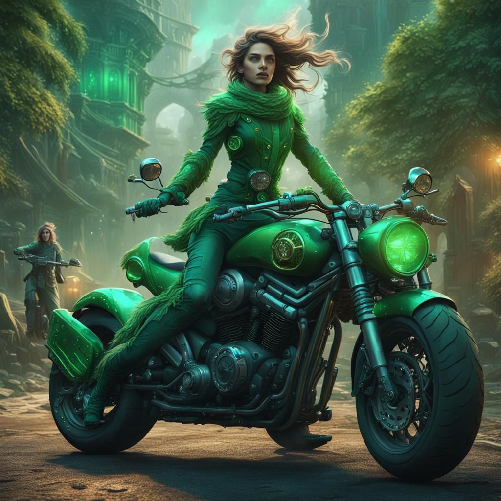 Fantasy Girl on Motorbike: Detailed Matte Painting