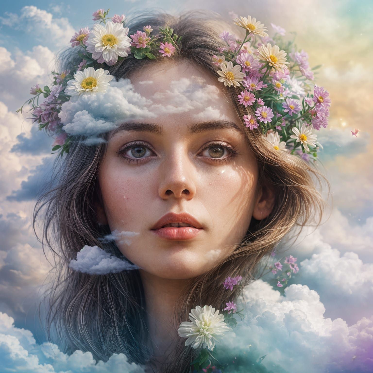 Girl in Clouds with Flowers: Holographic Photo