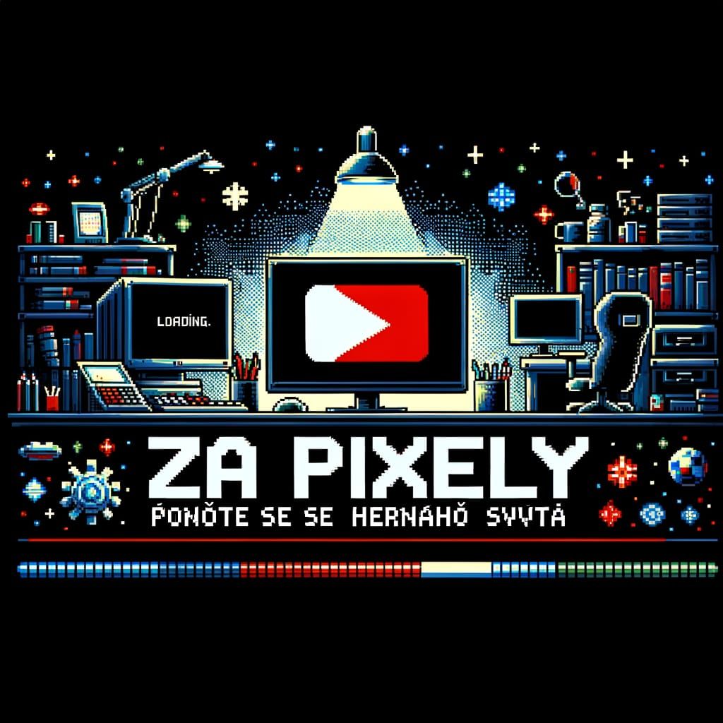 Pixel Art YouTube Banner with Gaming Studio Silhouette in 8-...