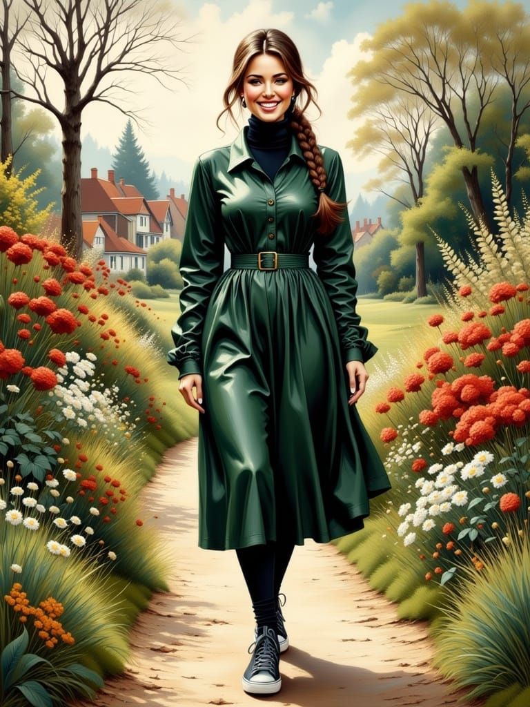 Woman in Green Dress in Art Nouveau Style