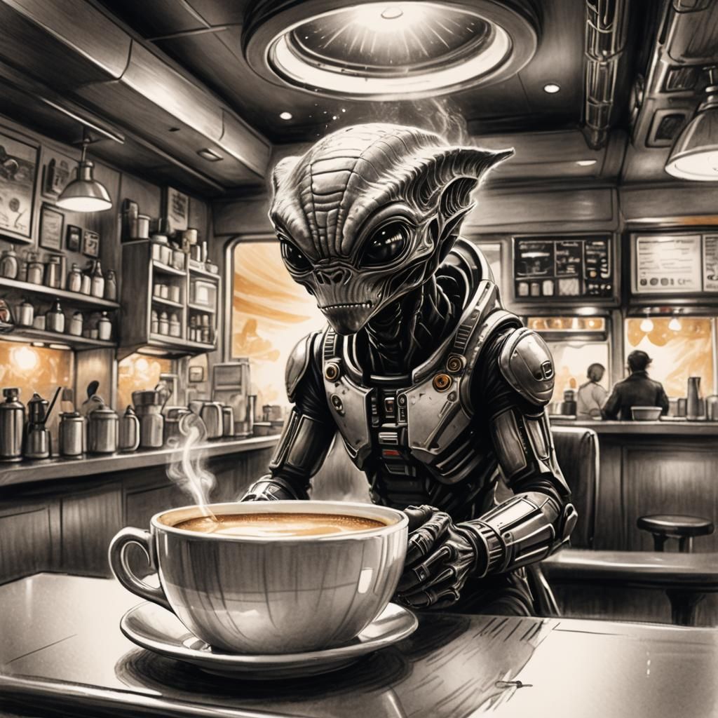 Alien Drinks Coffee: Tilt-Shift Pencil Sketch