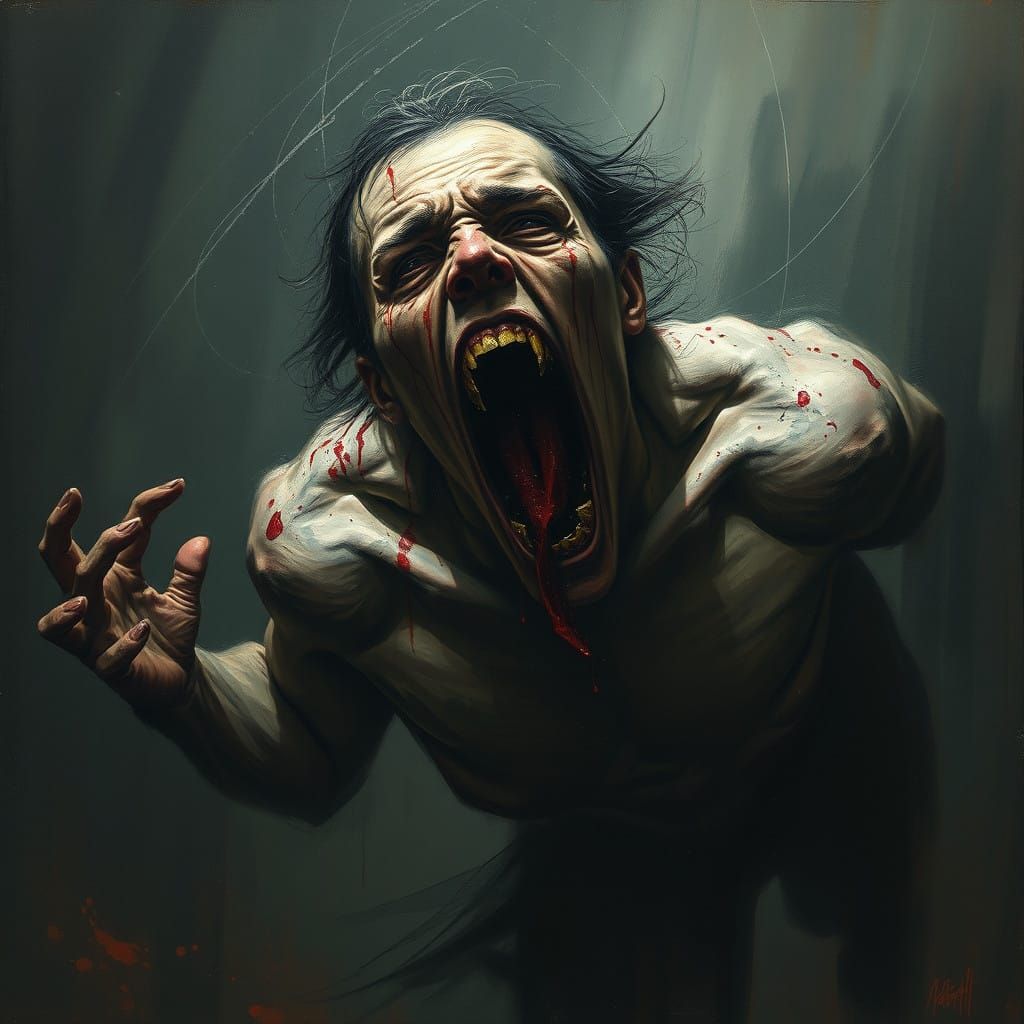 Screaming Figure in Dark, Eerie Atmosphere with Blood and Ha...