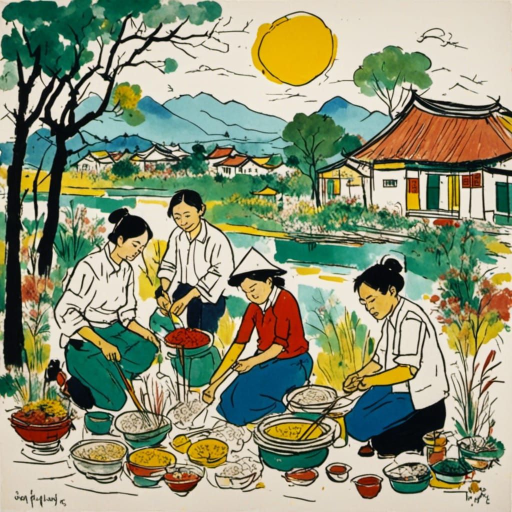 Vietnamese Family on Rice Paddy in Folk Art Style