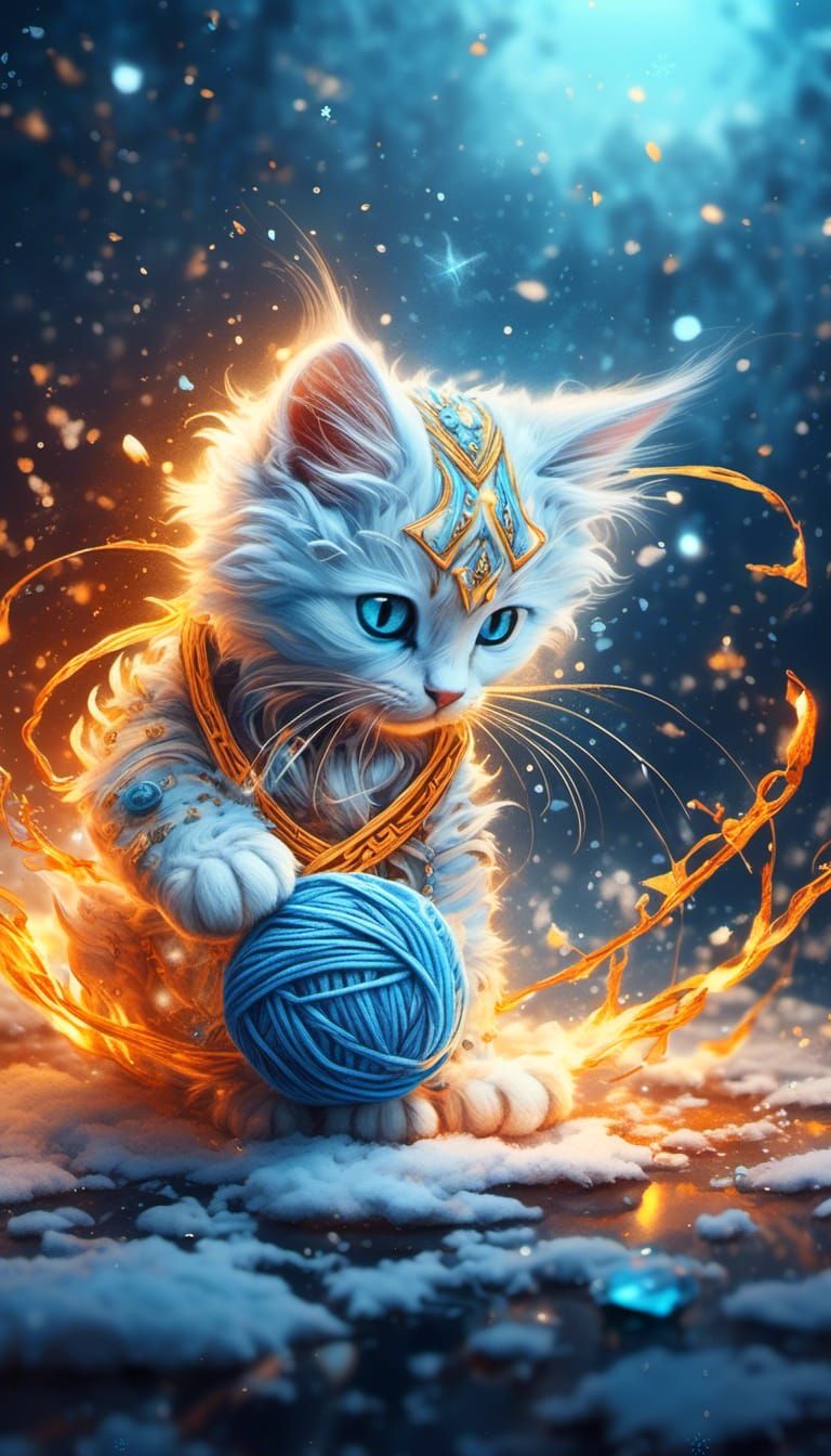 Fiery Kitten Plays with Yarn in Snowy Scene