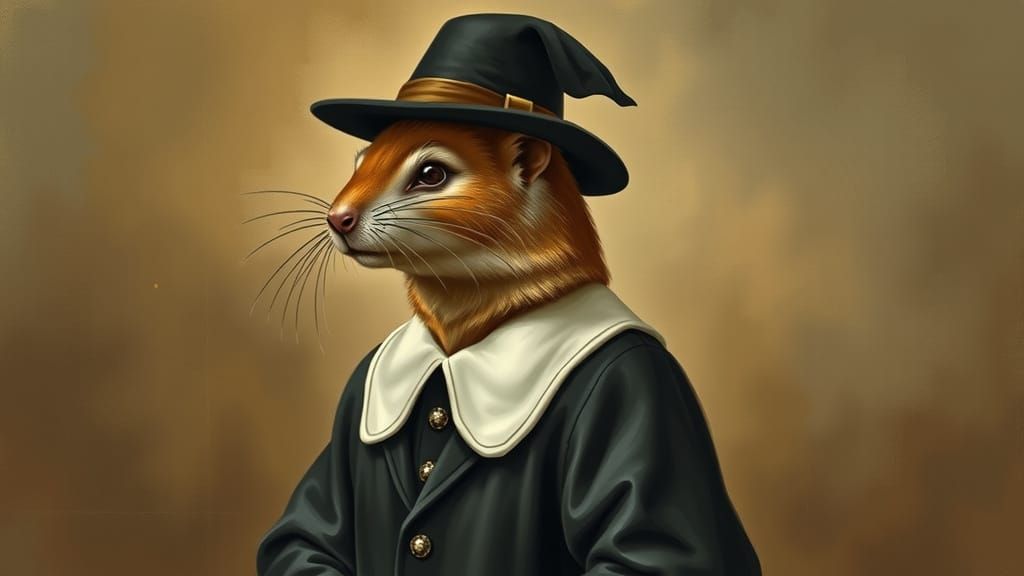 Anthropomorphic Weasel in Pilgrim Attire