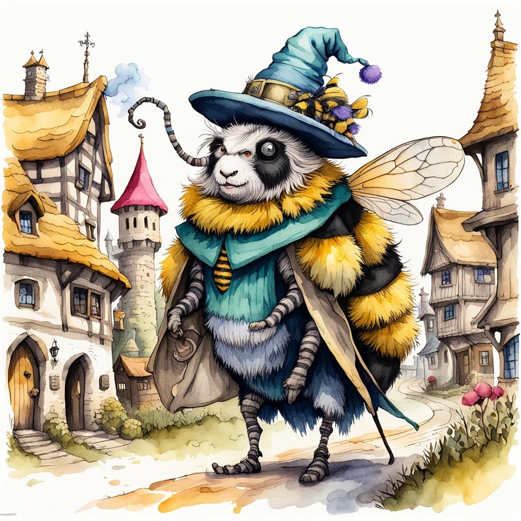 Whimsical Creature Rides Bumblebee in Fantasy Village