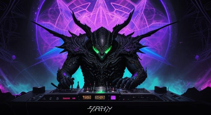 DJ Plays Dark Psytrance Set in Neon Festival Atmosphere