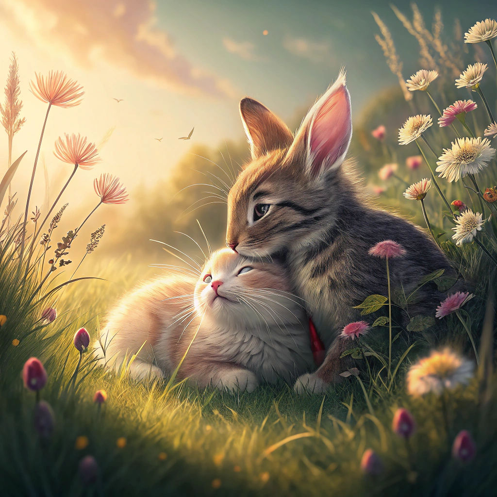 Kitten and Rabbit Cuddle in Dreamy Meadow