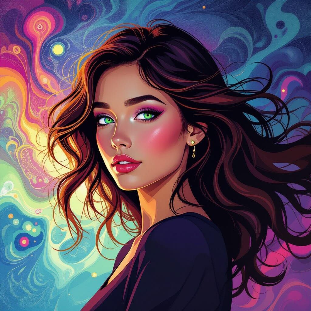 Ethereal Woman with Glowing Eyes Amidst Psychedelic Patterns