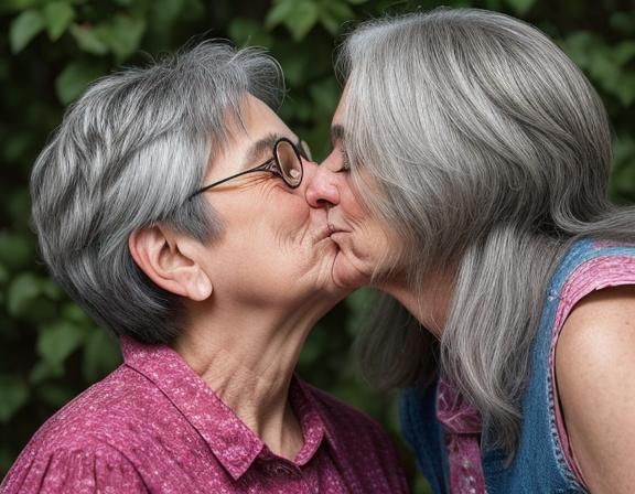 two mature graying lesbians sharing a romantic sapphic kiss, long hair, full denudas