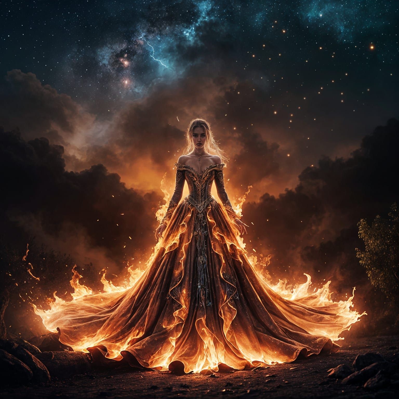 Woman in Fiery Flaming Dress at Night