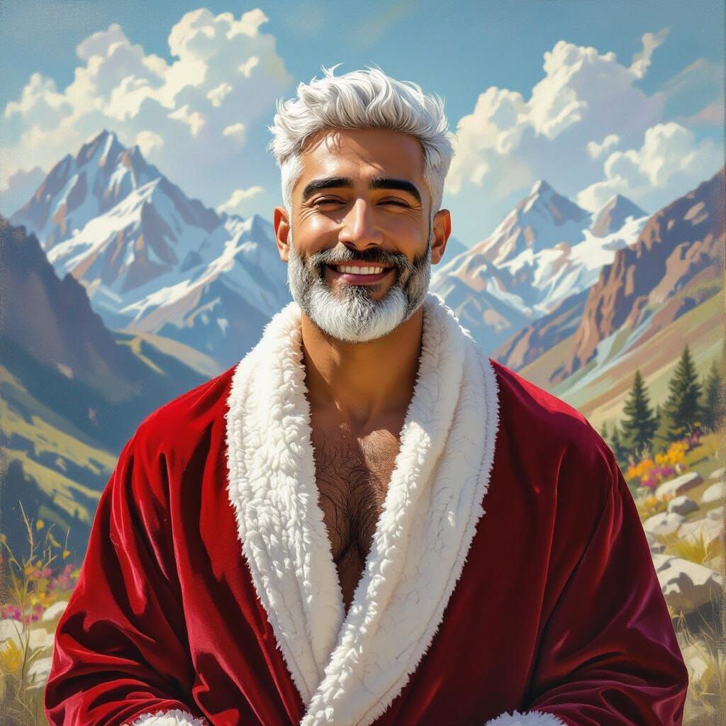 Joyful Man in Mountain Landscape Oil Painting