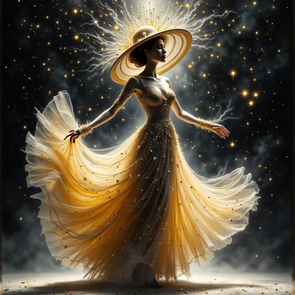 ink wash, aerosolgrafia, full length dancing lady with sparkling diamonds and crystals, elegant hat,  embellished gown, ...