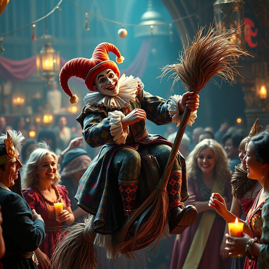 Medieval Jester Rides Majestic Broomstick at Whimsical Celeb...